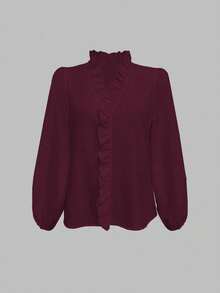 EMERY ROSE Blusa casual feminina de manga comprida com babados e cor sólida - Borgonha - Ver 5