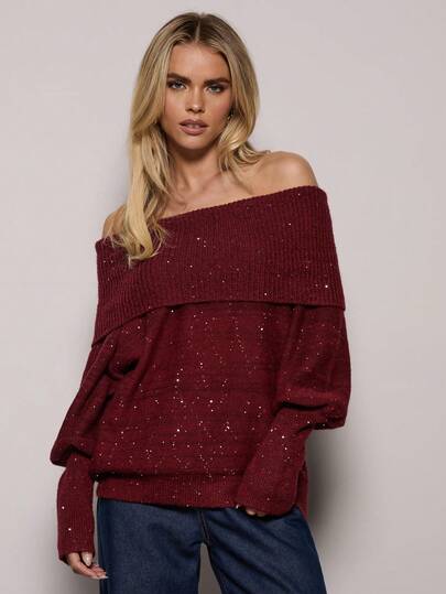 SHEIN BAE 女士纯色露肩长袖亮片宽松时尚毛衣，秋冬