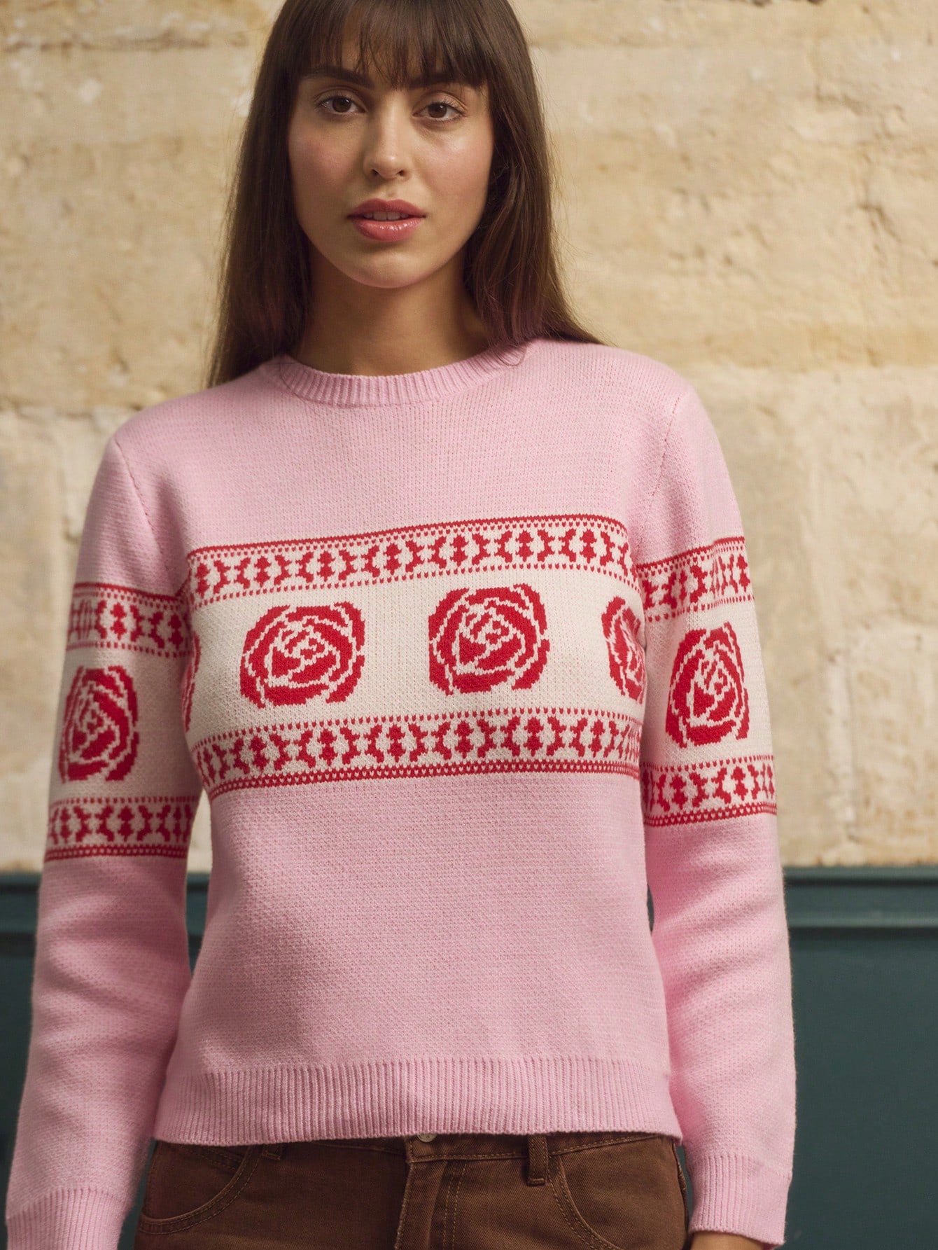 Pink Cosy Jumper With Red Floral Pattern Vintage Cute Winter Knitwear New Year Office Spring Summer