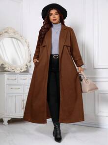 SHEIN Clasi 秋季大码休闲纯色翻领斜口袋大衣 - 棕色 - 查看 8