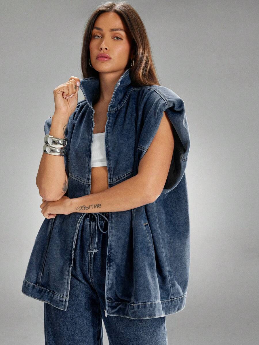 Denimoi 垫肩无袖前拉链牛仔背心 - 中等水洗藍 - 查看 1