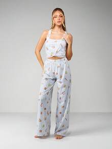 MISSGUIDED 圣诞节假期休闲套装阔腿阔腿裤短款背心条纹冬季睡衣舒适 - 彩色 - 查看 1