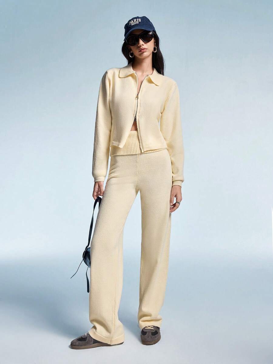 Aveloria GENKIRA 2 pièces Ensemble de cardigan tricoté et pantalon ample - Nude - Voir 1