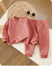 SHEIN 2pcs Baby Girl Cute Solid Color Ruffle Trim Sweatshirt & Sweatpants Set, Autumn/Winter - Dusty Pink - View 2