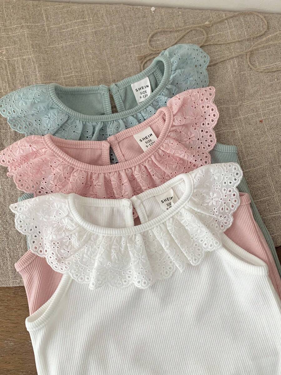 SHEIN LMoss Kids 3-Piece Set Newborn Baby Girl Cute Knit Ruffle Trim All-In-One Bodysuit Outfit For Summer - White - View 1