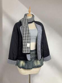 Elamini 女士优雅休闲通勤百搭拼色仿羊毛圆领长袖棉质夹克，适合秋冬季 - 黑色 - 查看 7