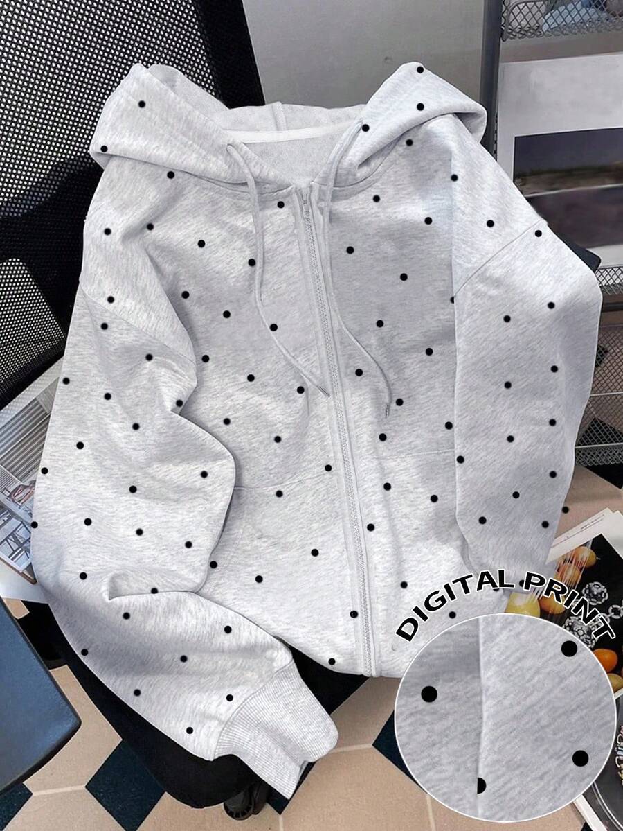 Resyla 秋季、外套、秋冬季、季节性夹克、返校季、休闲、运动装、假日、冬季外套、百搭时尚波点印花女士长袖连帽卫衣 - 灰色 - 查看 1