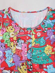 SHEIN X Care Bears SHEIN Unity Combinaison à col rond zippée à mi-hauteur avec imprimé d'ours de Noël rouge, manches longues. Combinaison confortable, décontractée, douce et mignonne pour les fêtes de Noël, les sorties, le port quotidien en automne/hiver - Rouge - Voir 3