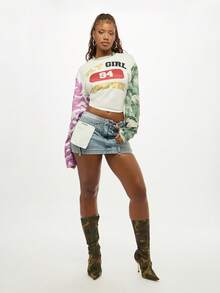 SUMWON WOMEN Y2K Deconstructed Denim Mini Skirt White Patch Utility Festival Streetwear Distressed High Rise Raw Hem - Blue - View 3