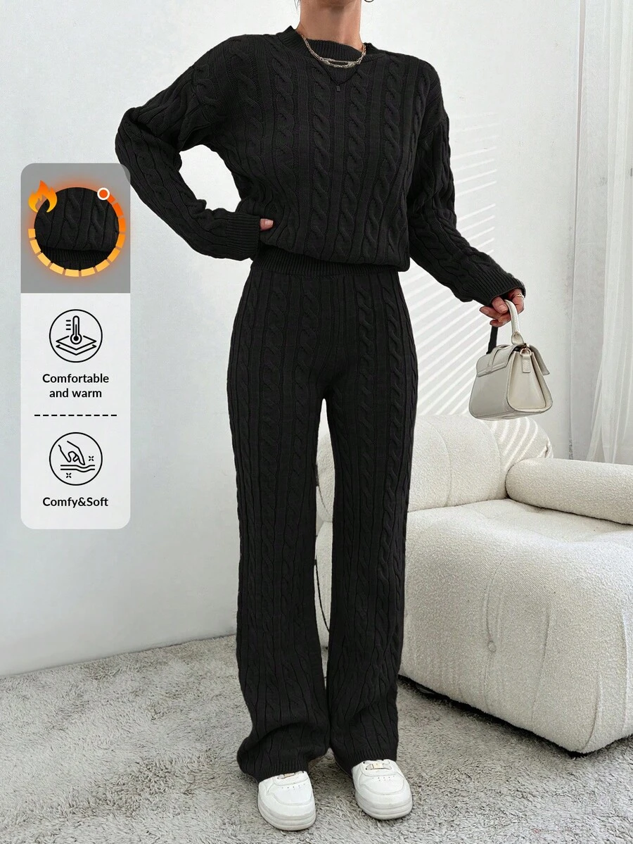 EURMUSE Women's Autumn/Winter Solid Color Round Neck Long Sleeve Sweater And Knit Pants Casual 2 Pieces Set
