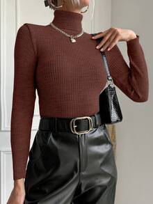 SHEIN Cottnline Women's High Collar Ribbed Long Sleeve Sweater - Coffee Brown - View 3