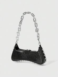 ROMWE Grunge Punk Women's Punk Edge Studded Shoulder Bag With Acrylic Chain Straps - Urban Streetwear Style Purse For Everyday Use