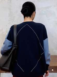 Dazy Plus Fashionable Color Block V-Neck Diamond Pattern Loose Plus Size Pullover Sweater For Women, Autumn/Winter - Navy Blue - View 2