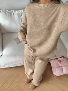 SHEIN Unity 2pcs Set Casual Solid Color Drop Shoulder Loose Knit Sweater And Pants, Autumn/Winter - Khaki - View 7