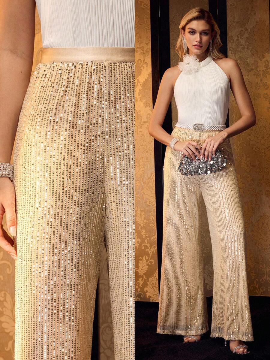 MOTF PREMIUM CONTRAST SEQUIN WIDE LEG PANTS