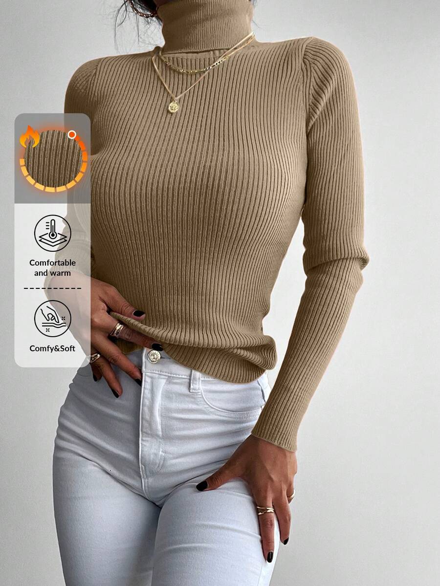 EURMUSE Áo len cổ lọ dài tay màu trơn cho nữ, thời trang cho mùa xuân và mùa thu - Màu be - Xem 1