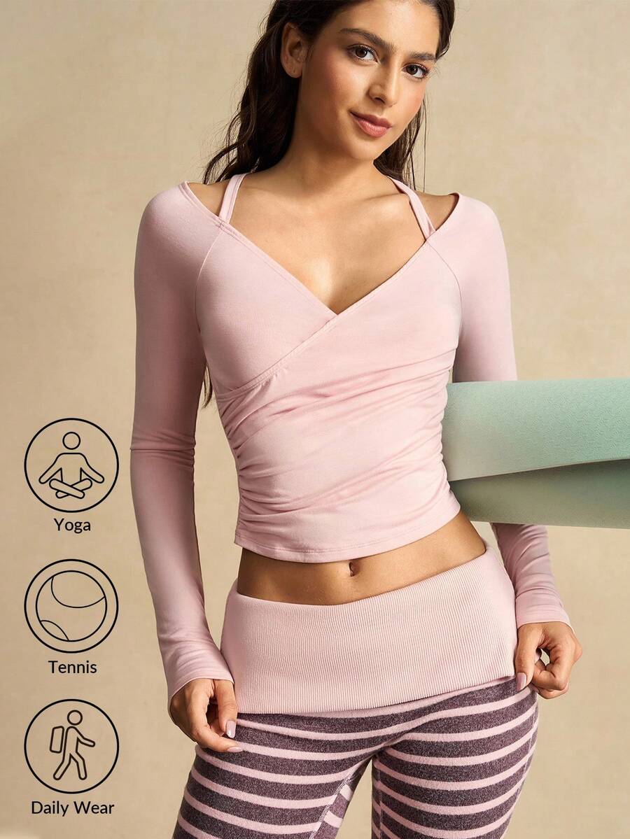 VARSIVA Einfarbiges, lässiges Damen Sport-Shirt mit geraffter Taille und Langarm - Pink - Übersicht 1