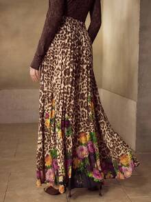 MOTF PREMIUM WOMEN'S LEOPARD PRINT ELEGANT PLEATED LONG FLOWY SKIRT, AUTUMN - Brown - View 3