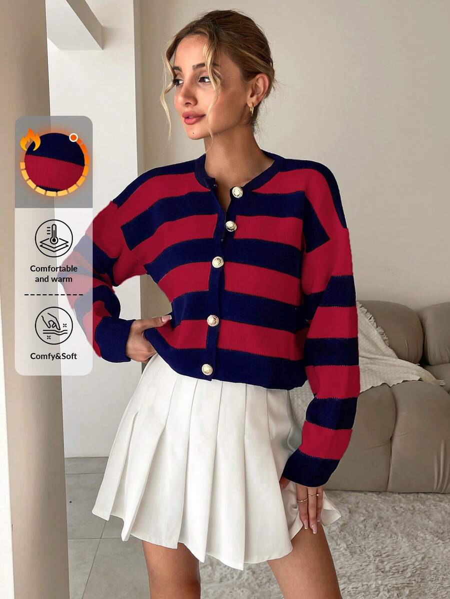 SHEIN Cottnline Women'S Striped Drop Shoulder Cardigan - Multicolor - View 1
