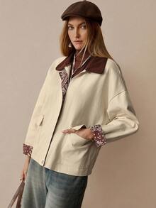 Florisole Women's Vintage Patchwork Collar Textured Dual Pocket Loose Fit Long Sleeve Khaki Jacket, Winter - Khaki - View 3