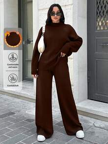 SHEIN Tall Solid Drop Shoulder Sweater & Knit Pants For Autumn & Winter - Chocolate Brown - View 1