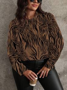 EMERY ROSE Damen Große Größen Zebra Muster Rundhals Langarm Lässig Pendler Modisch Elegant Vielseitige Bluse, Herbst/Winter - Verschiedenfarbig - Übersicht 4