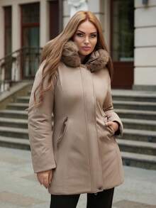 女式腰部抽绳连帽夹克，中长款 - 卡其色 - 查看 5