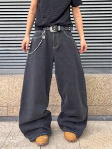 ROMWE MEN Grunge Punk Men's Loose Fit Wide Leg Jeans With Skull Embroidery Design - Dark Grey - View 5