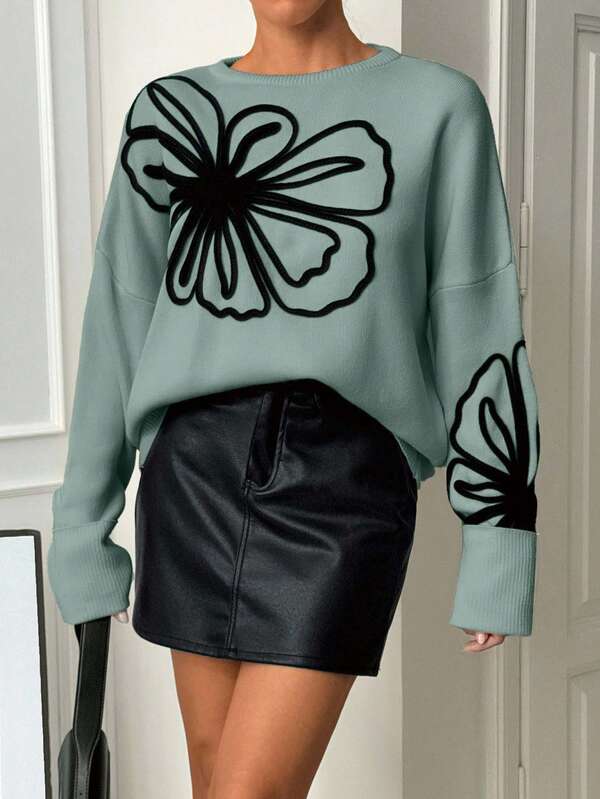 SHEIN Women's Plus Size Floral Embroidery Round Neck Pullover Sweater, Autumn/Winter