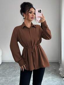 Elenzga Áo sơ mi công sở kiểu Pháp thanh lịch dành cho nữ, có cổ, vạt trước, dây rút eo, nơ, tay dài, thích hợp cho mùa xuân, thu và đông - Cà phê nâu - Xem 3