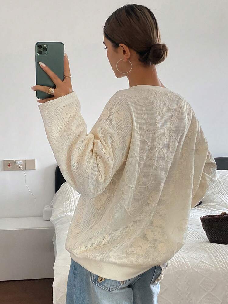 Women's Loose Fit Jacquard Fabric Long Sleeve Casual Elegant Sweatshirt, Autumn/Winter