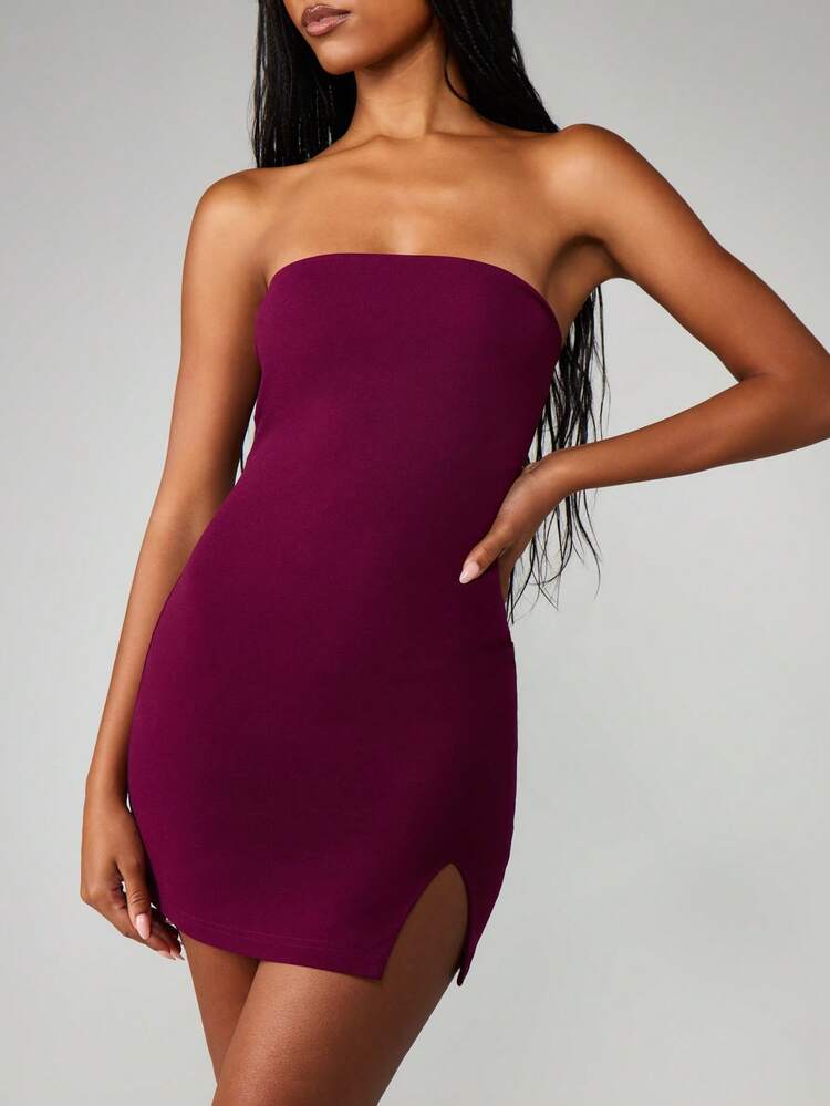 MISSGUIDED Bandeau Split Hem Mini Dress Party Evening Bodycon Strapless