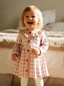 Baby Girl Casual Cute Collegiate Style Patterned Print Ruffle Sleeve Bow Decor Waist Dress, Autumn - Pink - View 4