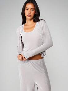 MISSGUIDED Ribbed Knit Two Piece Set Lounge Cardigan With Wide Leg Pants Fall Comfort Wear - Grey - View 3