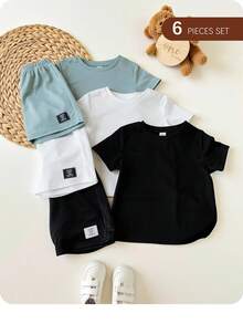 6pcs/Set Baby Boy/Girl Cute Solid Color Letter Print Short Sleeve T-Shirt & Elastic Waist Shorts 6pcs Basic Outfit Set, Spring/Summer - Multicolor - View 2