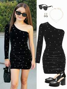 Firerie Kids Firerie Kids 少女黑色天鹅绒铆钉褶皱不对称肩连衣裙，适合圣诞节、派对、秋冬季单肩连衣裙，女童连衣裙，黑色连衣裙，迷你单肩派对连衣裙，少女黑色连衣裙 - 黑色 - 查看 1