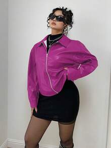 POPSWAY Große Größen Jacke mit offenem Reißverschluss, einfarbig, aus PU-Leder, mit Langarm und Kragen