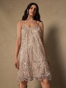 Freevana Plus Size Vintage 1920s Sequin Embroidered Romantic Party Holiday New Year Christmas Shiny Sequin Slip Dress For Women