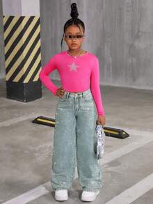 SHEIN Explorewe Spodnie jeansowe z szerokimi nogawkami dla nastolatek z kolekcji Y2K, z błyszczącymi kryształkami, idealne na codzienne spacery po mieście - Jasny jeans - Zobacz 6