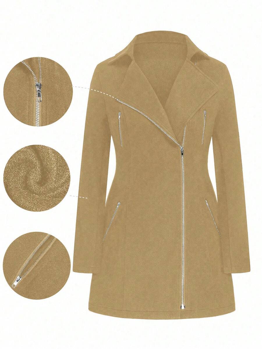 EMERY ROSE 大码女士复古优雅多拉链装饰外套，百搭 - 卡其色 - 查看 1