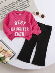 SHEIN 2pcs Baby Girl Letter Print Long Sleeve Top And Bell-Bottom Pants Set, Apricot & Brown, Cute & Comfortable Sweatshirt Outfit For Spring/Autumn - Hot Pink - View 3