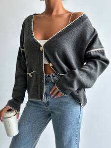 EURMUSE Women Solid Color Deep V-Neck Handmade Stitch Detailed Cardigan - Dark Grey - View 3