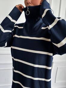 EURMUSE Women's Striped Zip Up Casual Knit Sweater, Daily Wear - Navy Blue - View 3