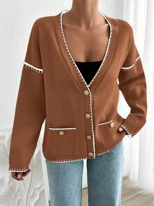 EURMUSE Women Solid Color Deep V-Neck Handmade Stitch Detailed Cardigan - Brown - View 6