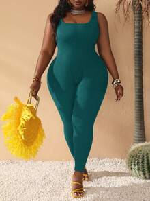 Slaydiva Slayr Basic Casual Elastic Knit Plus Size Jumpsuit - Olive Green - View 1