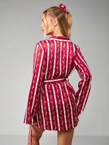 MISSGUIDED Christmas Holiday Striped Lounge Robe With Hearts And Script Print Belt Tie Closure