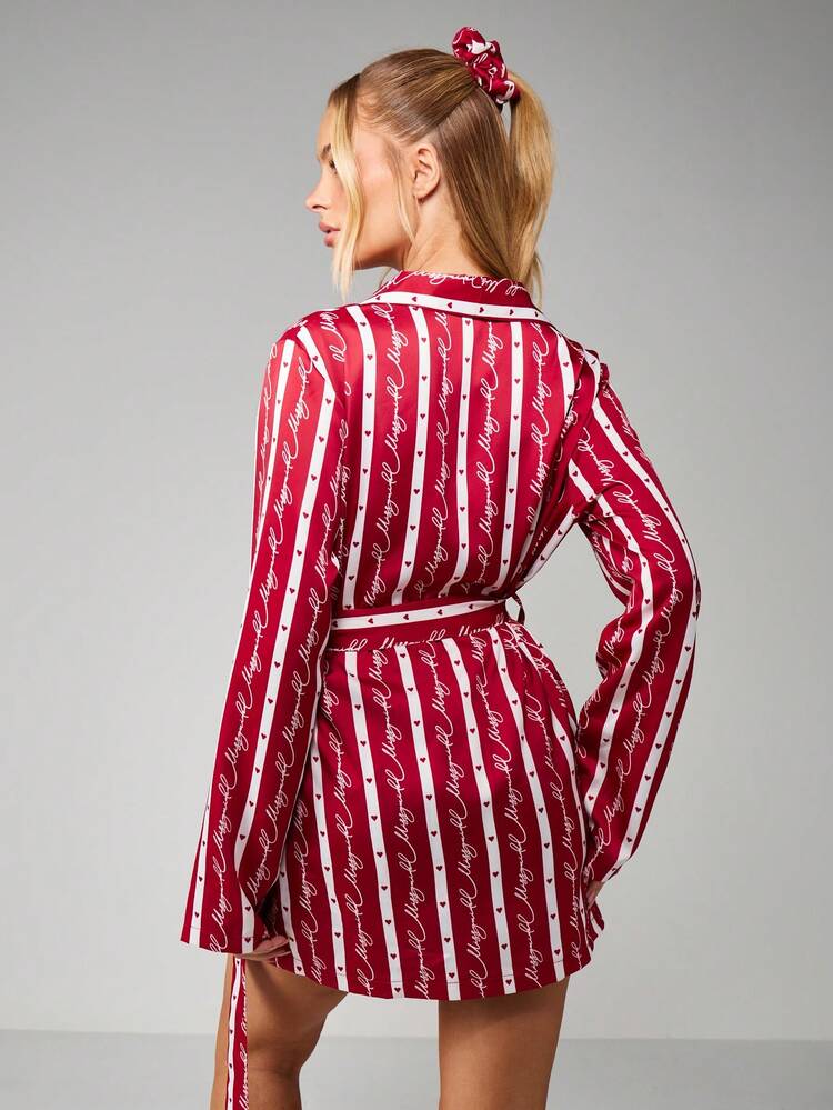 MISSGUIDED Christmas Holiday Striped Lounge Robe With Hearts And Script Print Belt Tie Closure
