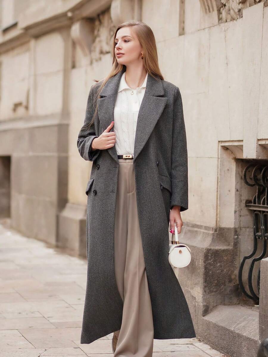 ORNATELLA 女士灰色中长款系腰缺口翻领大衣 - 灰色 - 查看 1