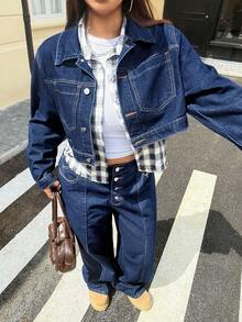 Jeanoix Plus Size Casual Loose Cropped Denim Jacket