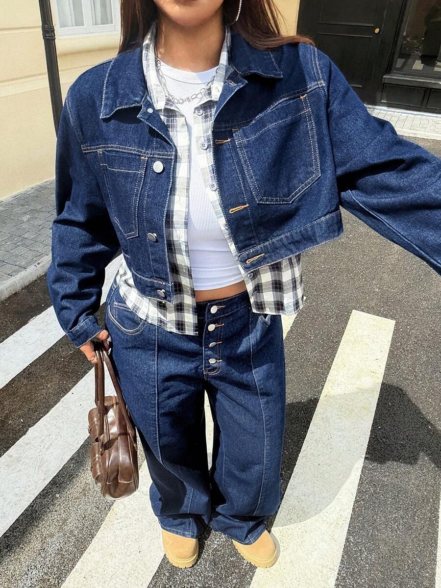 Jeanoix Plus Size Casual Loose Cropped Denim Jacket